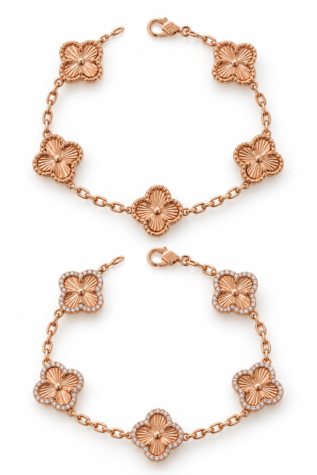 Pulsera de Tréboles en Oro Rosado de 18K con Moissanitas